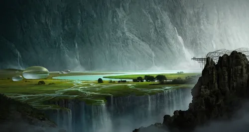 Futuristic landscape with floating dome, cliffs, and greenery by Tom Krieger