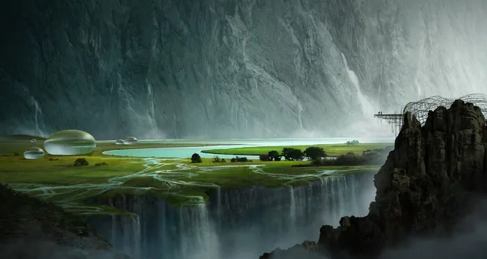 Futuristic landscape with floating dome, cliffs, and greenery by Tom Krieger
