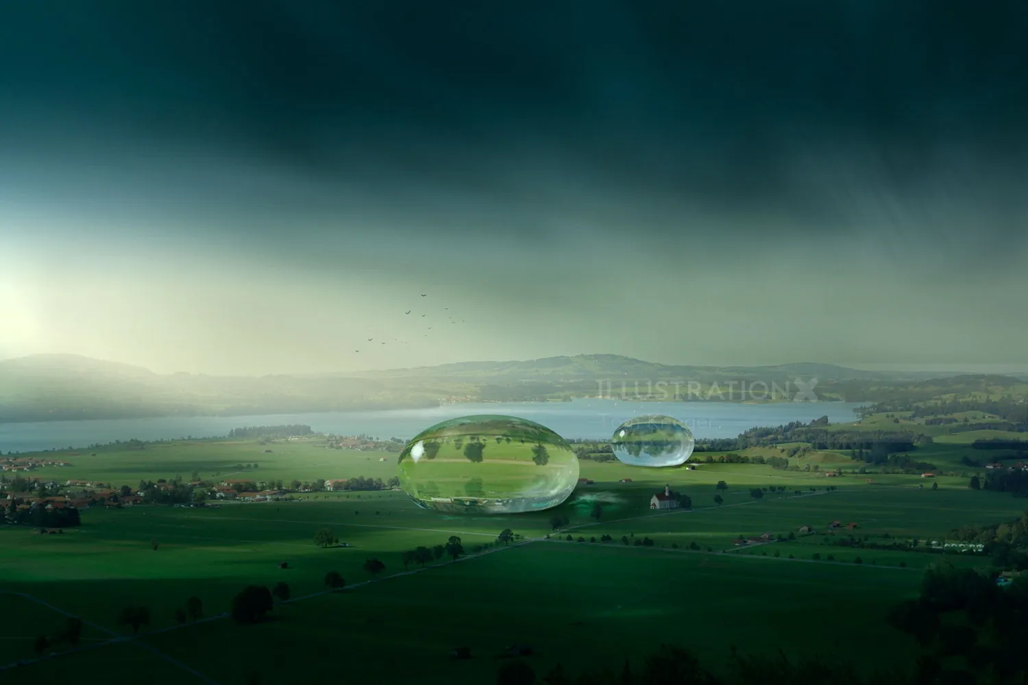 Green landscape with floating transparent bubbles by Tom Krieger
