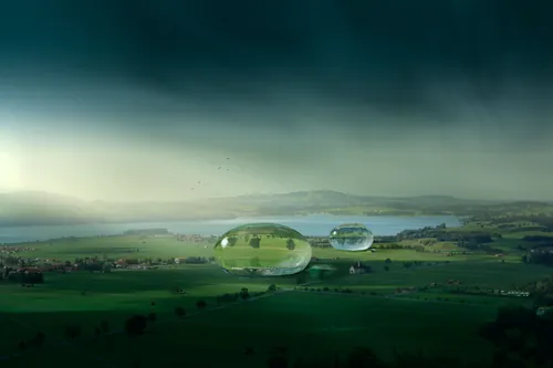 Green landscape with floating transparent bubbles by Tom Krieger