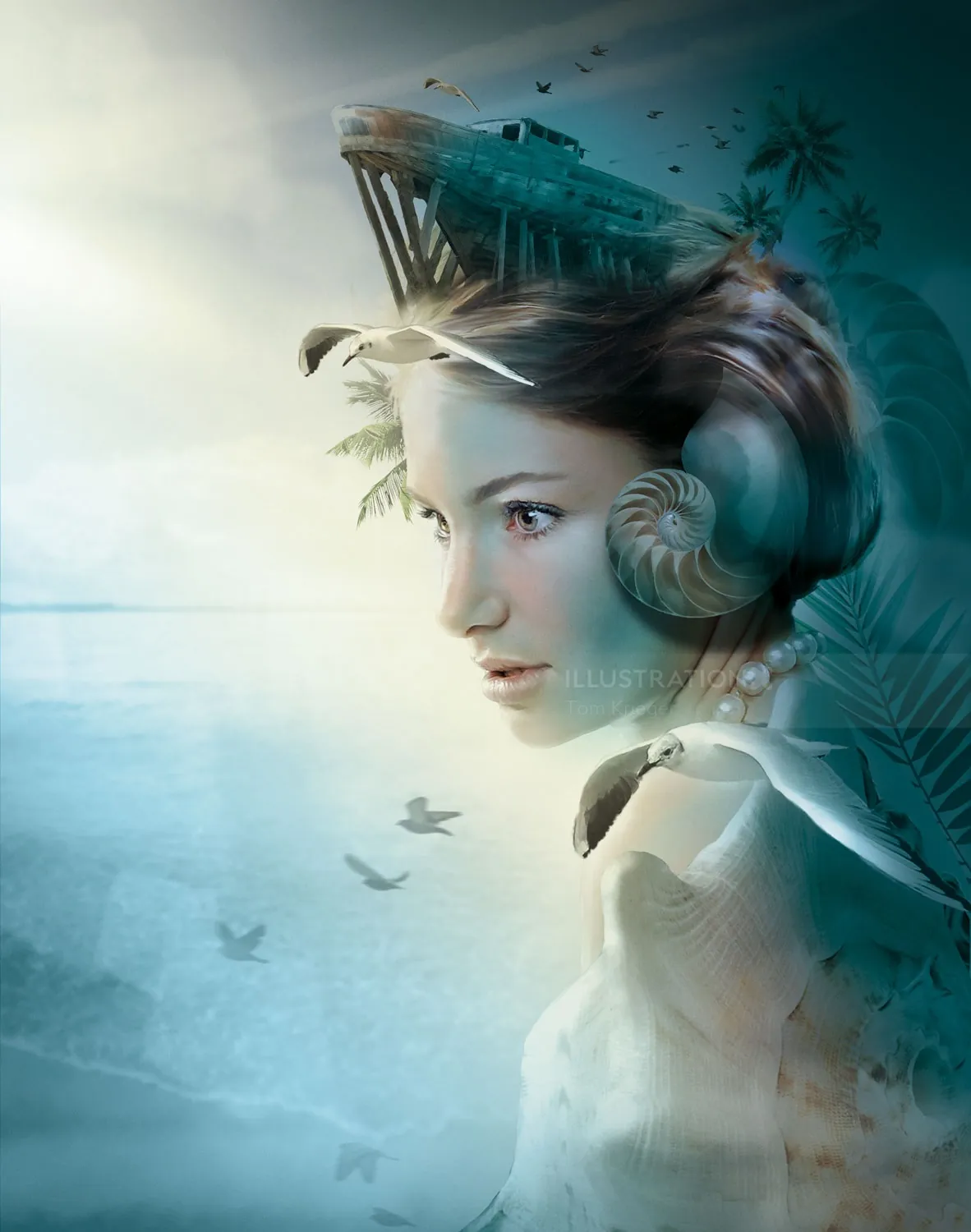 Surreal portrait of woman with submarine and sea shells by Tom Krieger
