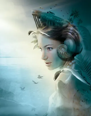 Surreal portrait of woman with submarine and sea shells by Tom Krieger