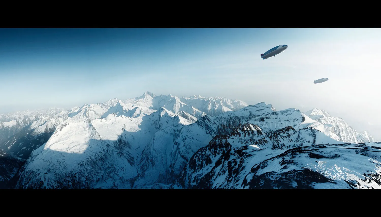Airships flying over snowy mountains by Tom Krieger