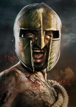Close-up of Spartan warrior wearing helmet with battle scars by Tom Krieger