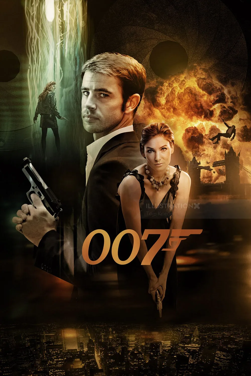 James Bond 007 movie poster with man holding gun and fiery explosion by Tom Krieger