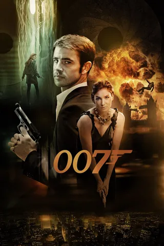 James Bond 007 movie poster with man holding gun and fiery explosion by Tom Krieger