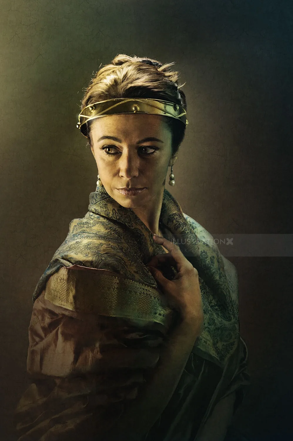 Portrait of a thoughtful woman wearing a headband and draped fabric by Tom Krieger