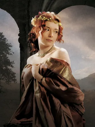Renaissance-style portrait of a woman with flower crown by Tom Krieger