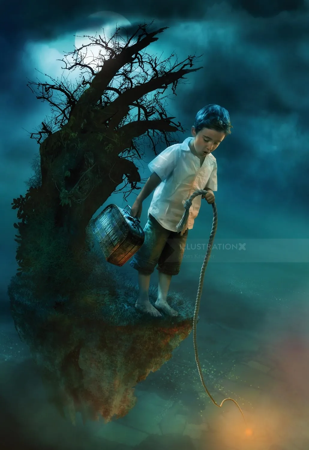 Boy fishing near twisted tree at night by Tom Krieger