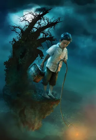Boy fishing near twisted tree at night by Tom Krieger