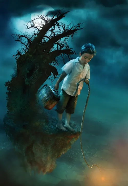 Boy fishing near twisted tree at night by Tom Krieger