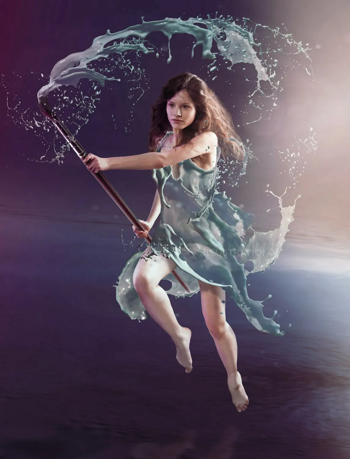 Graceful woman mid-air with water splash, artwork by Tom Krieger
