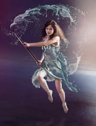 Graceful woman mid-air with water splash, artwork by Tom Krieger