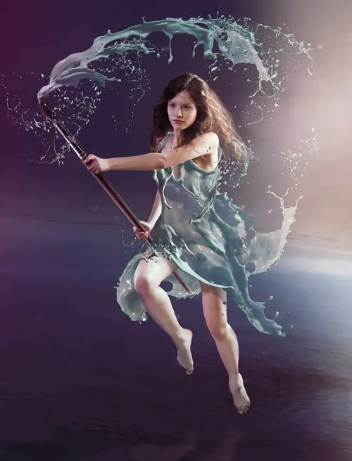 Graceful woman mid-air with water splash, artwork by Tom Krieger