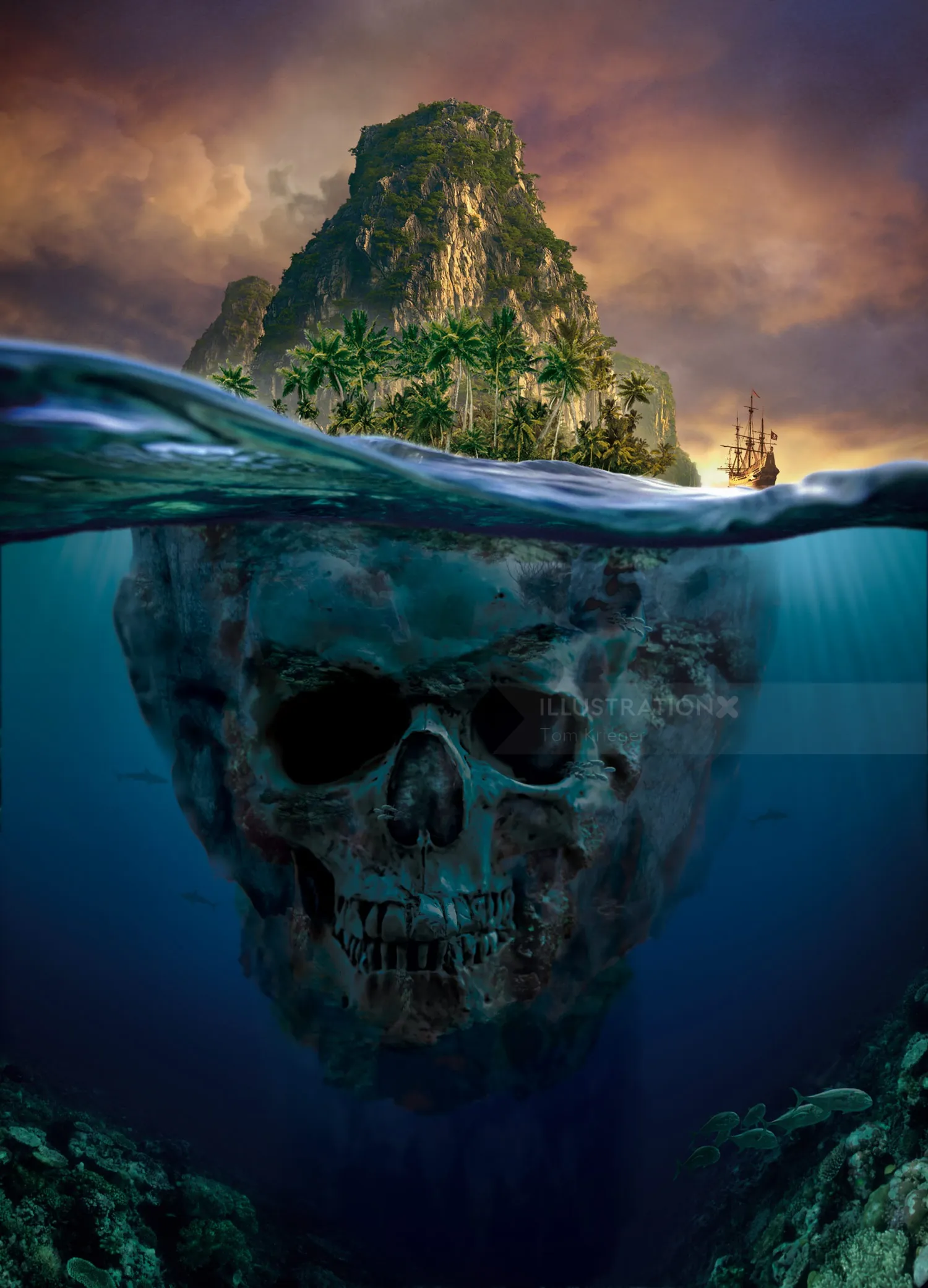 A skull-shaped island with underwater skull formation and a ship at sunset by Tom Krieger