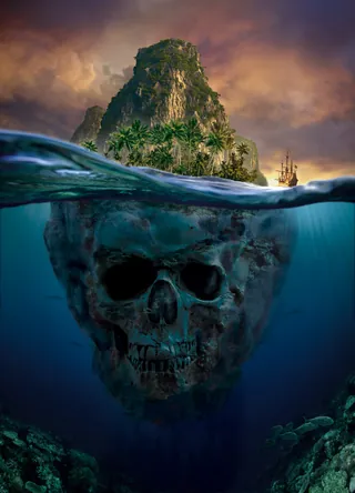A skull-shaped island with underwater skull formation and a ship at sunset by Tom Krieger
