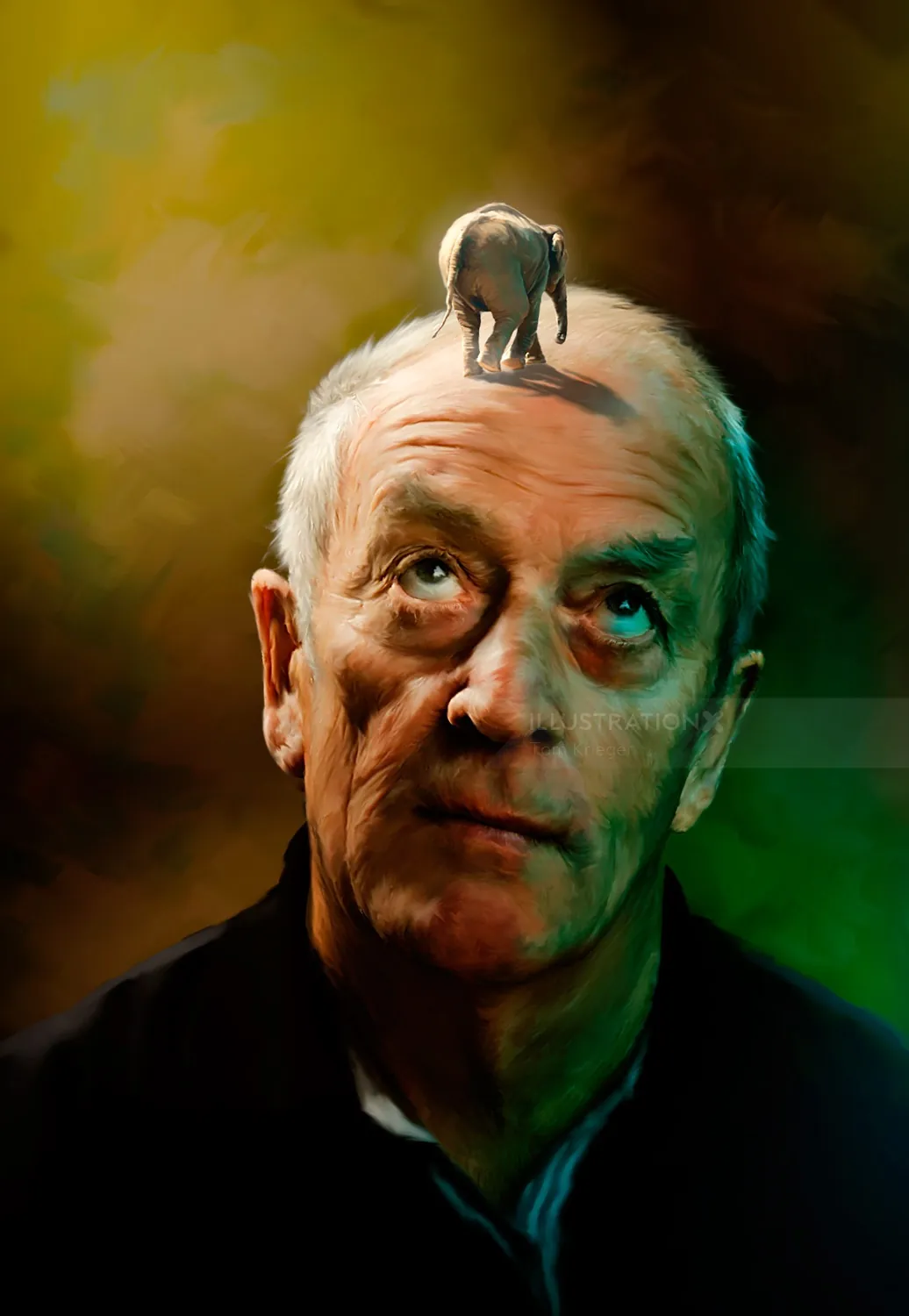 Elderly man with miniature elephant on his head artwork by Tom Krieger