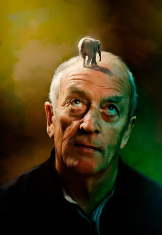Elderly man with miniature elephant on his head artwork by Tom Krieger