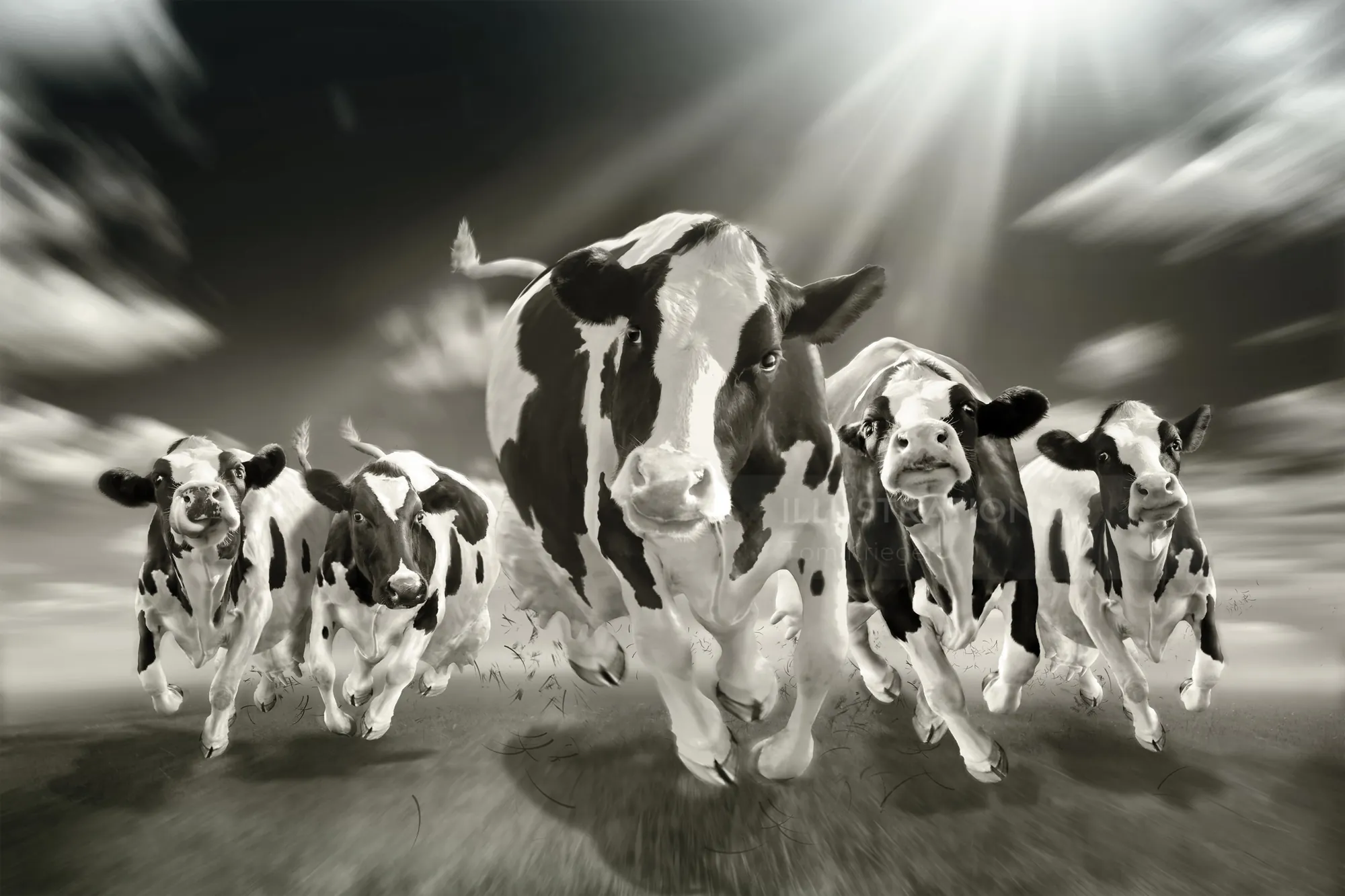 Black and white photo of running Holstein cows by Tom Krieger