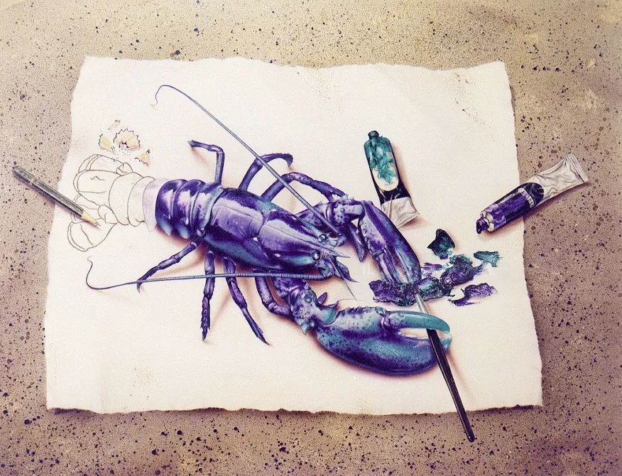 Realistic purple lobster with paint tubes and brushes by Tom Krieger