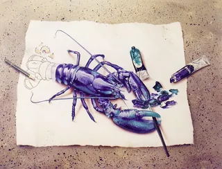 Realistic purple lobster with paint tubes and brushes by Tom Krieger