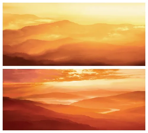 Layered mountain ranges at sunset with warm orange skies by Tom Krieger