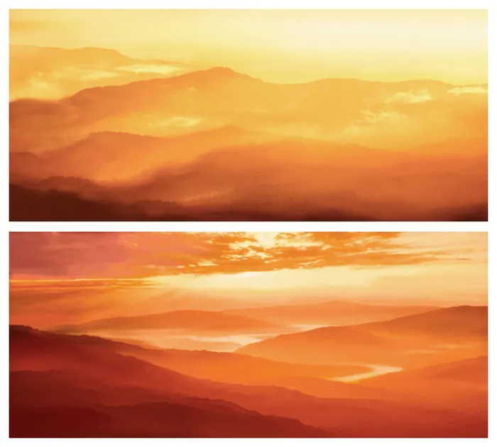 Layered mountain ranges at sunset with warm orange skies by Tom Krieger