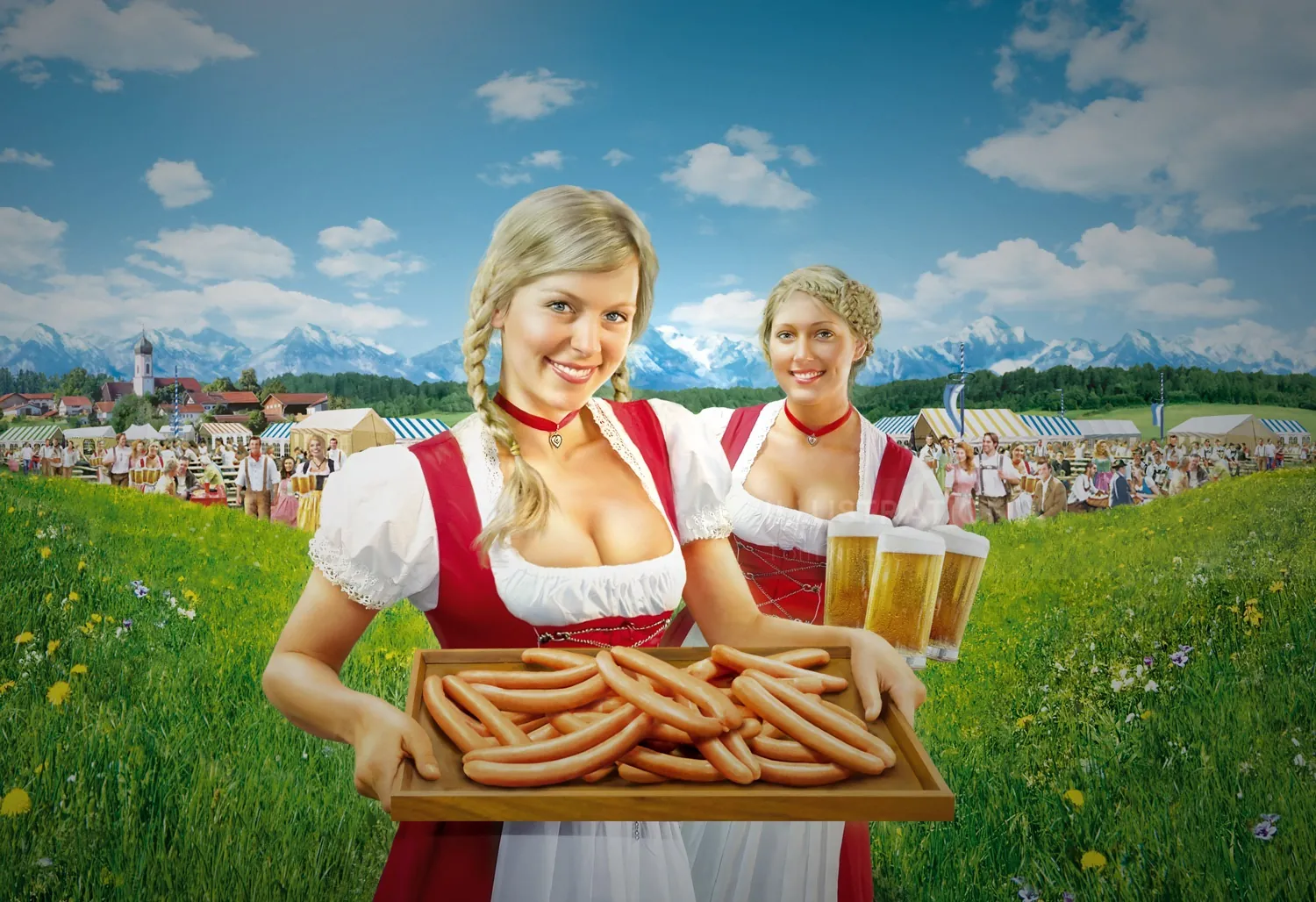 Two women in traditional dress holding sausages and beers outdoors by mountains, artwork by Tom Krie