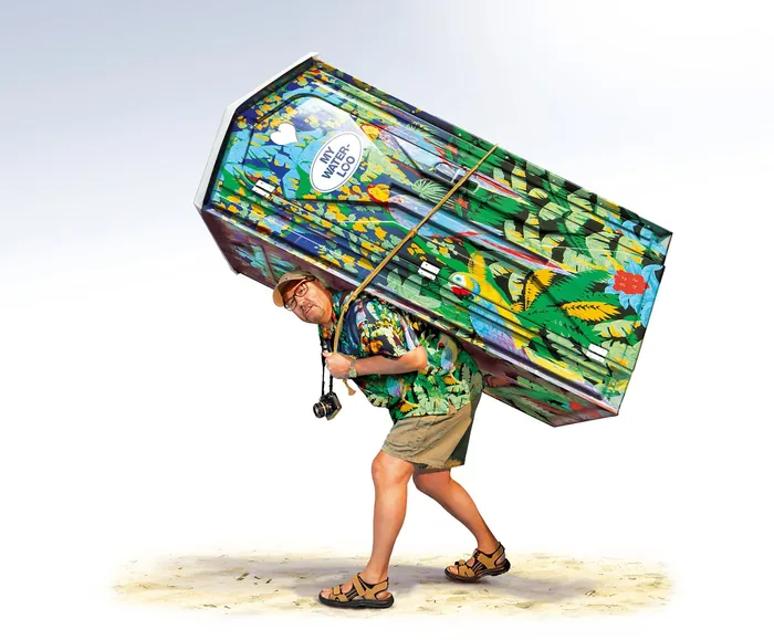 Man in tropical clothes carries large colorful box on back, artwork by Tom Krieger