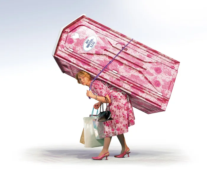 A woman carrying a large pink coffin on her back with shopping bags by Tom Krieger