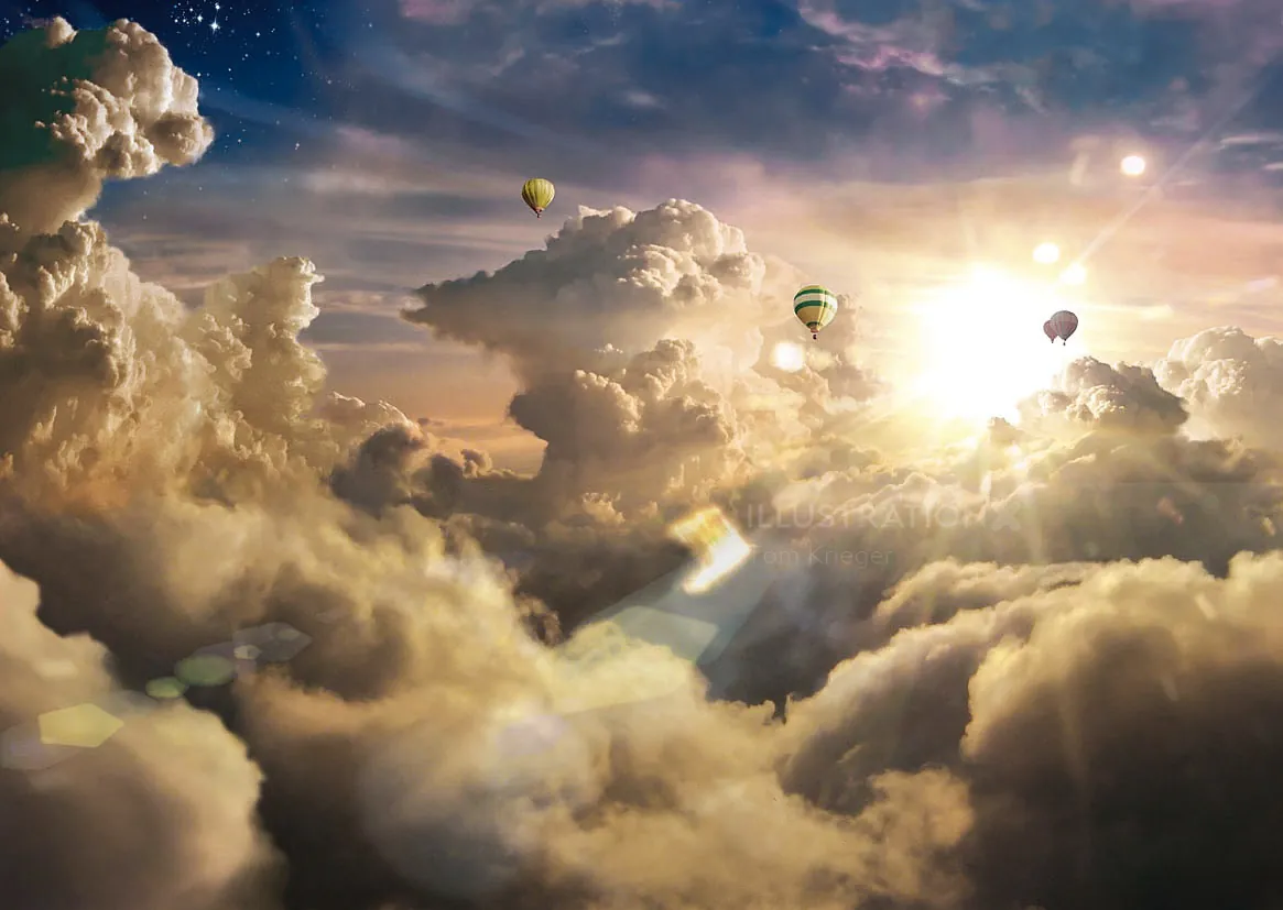 Hot air balloons floating above clouds at sunset by Tom Krieger