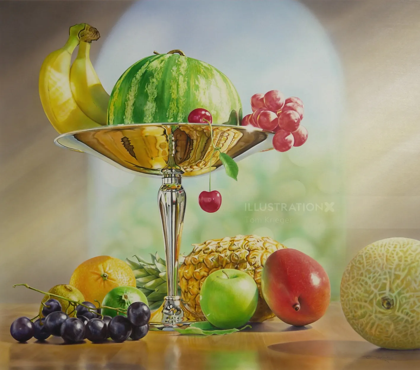 Still life with watermelon, bananas, grapes, pineapple, and other fruits on a silver pedestal by Tom