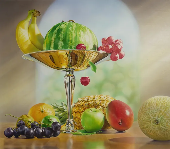 Still life with watermelon, bananas, grapes, pineapple, and other fruits on a silver pedestal by Tom