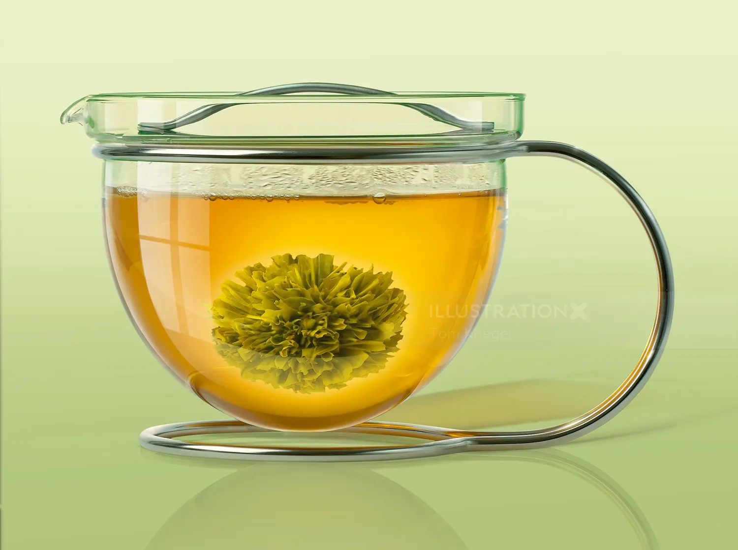 Glass teapot with blooming tea flower in hot water by Tom Krieger