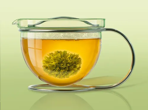 Glass teapot with blooming tea flower in hot water by Tom Krieger