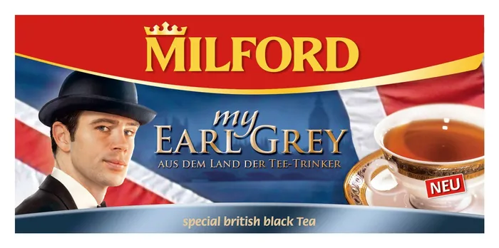Milford My Earl Grey tea packaging with British flag and tea cup by Tom Krieger