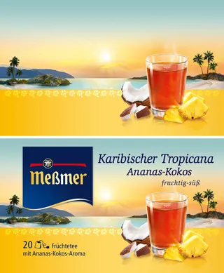 Glass of pineapple-coconut tea with fruits and Meßmer tea pack by Tom Krieger