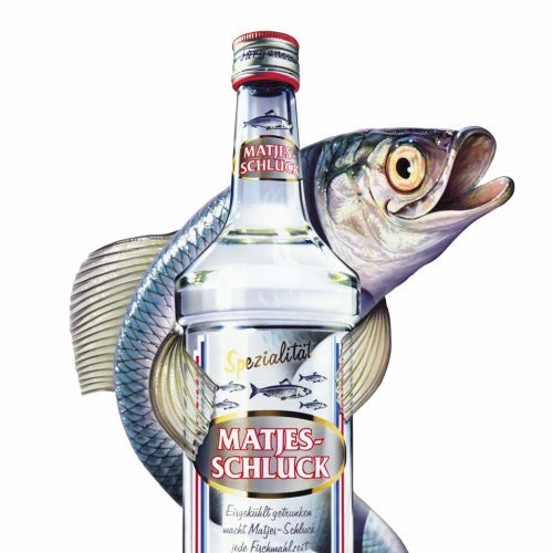 Liquor bottle wrapped by fish with detailed scales by Tom Ungemach