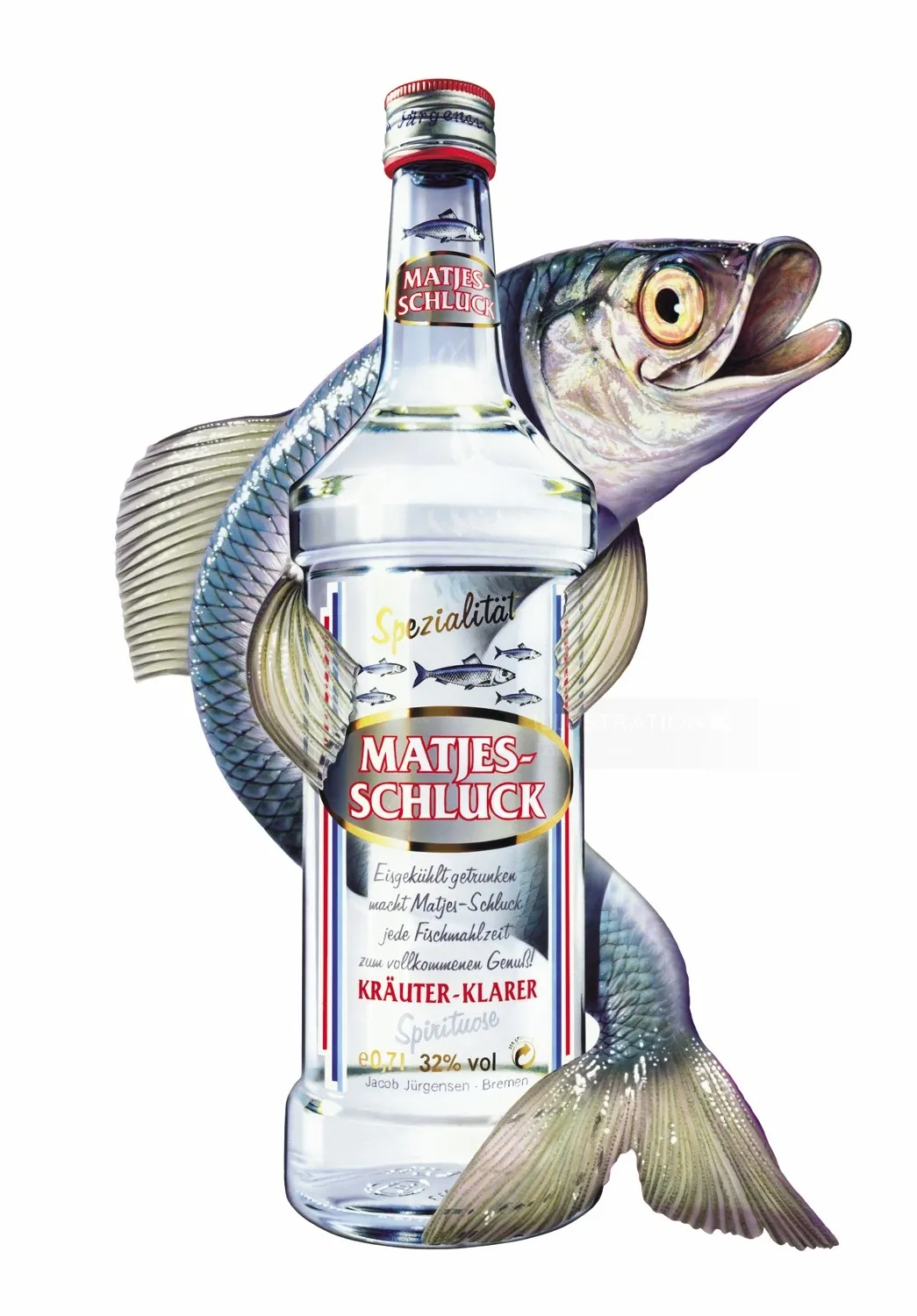 Liquor bottle wrapped by fish with detailed scales by Tom Ungemach