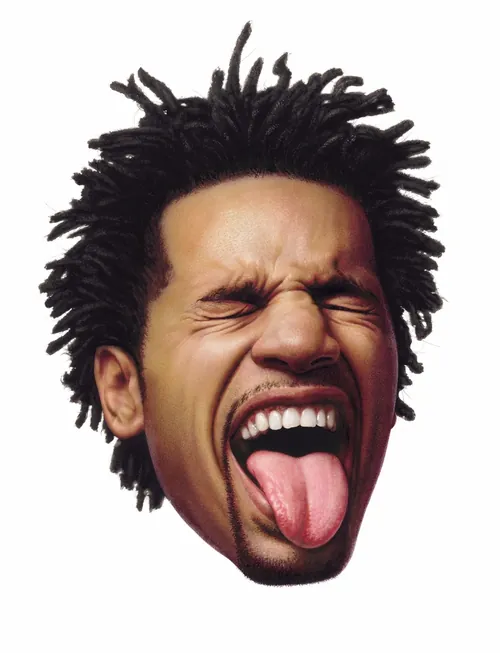 Man with dreadlocks making a funny face with eyes closed and tongue out by Tom Ungemach