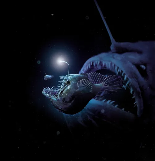 Deep sea anglerfish with glowing lure in dark ocean, artwork by Tom Ungemach