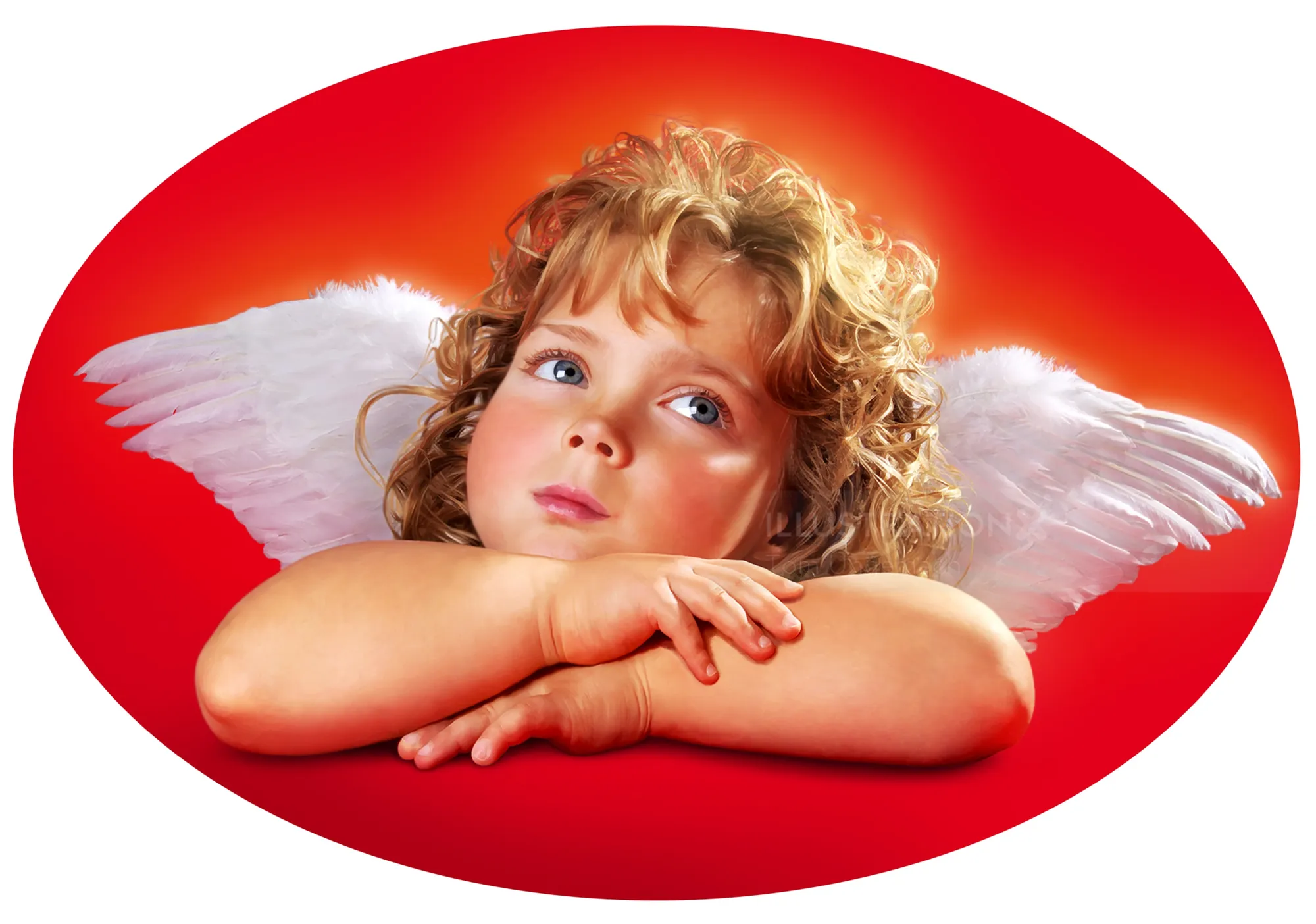 Child angel with curly hair and white wings resting on red background by Tom Ungemach