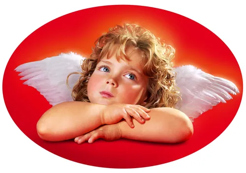 Child angel with curly hair and white wings resting on red background by Tom Ungemach