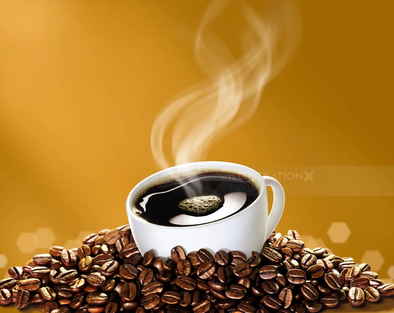 Steaming coffee cup with coffee beans on table by Tom Ungemach