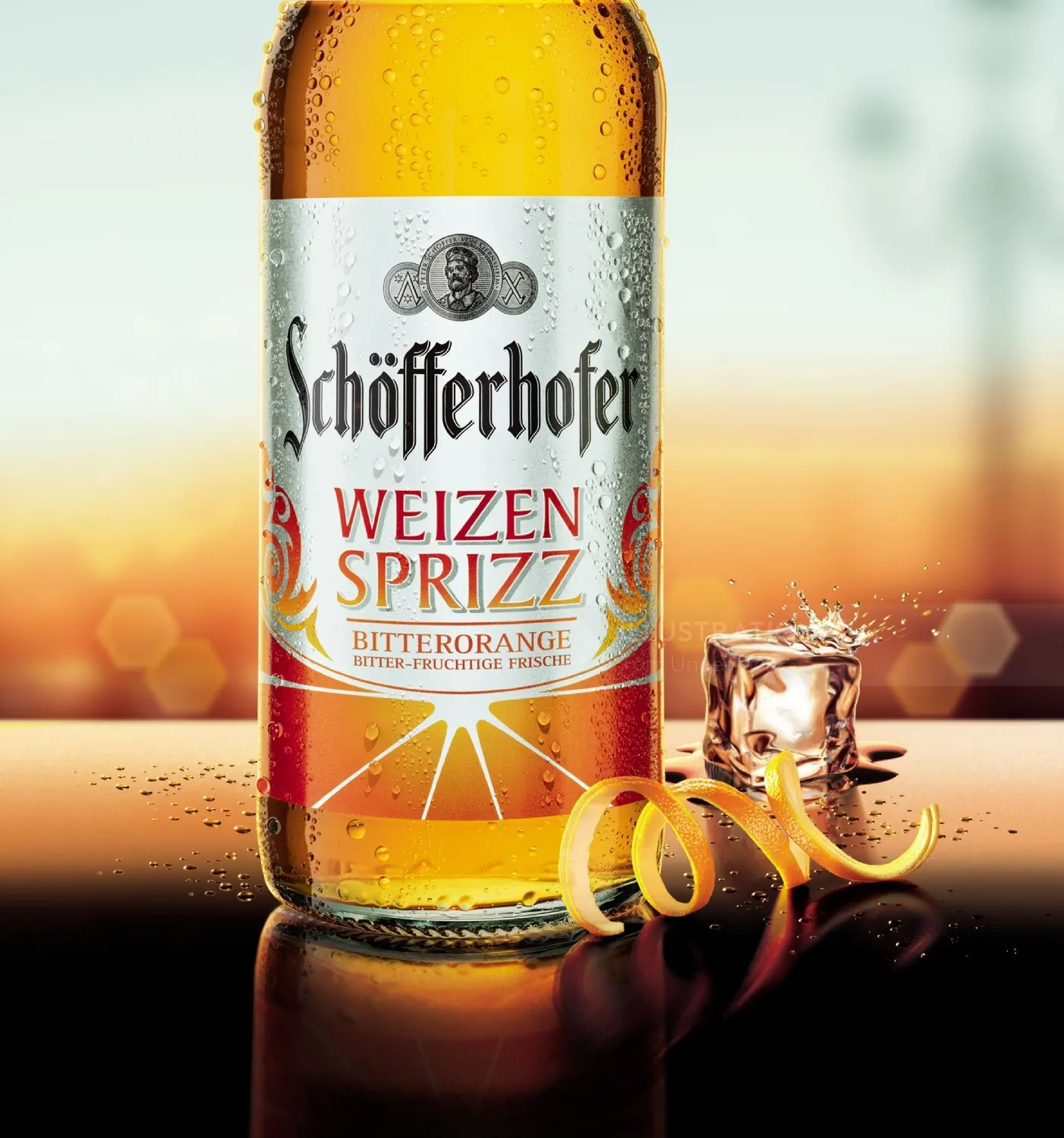 Schöfferhofer Weizen Spritz Bitterorange bottle with ice and orange peel by Tom Ungemach