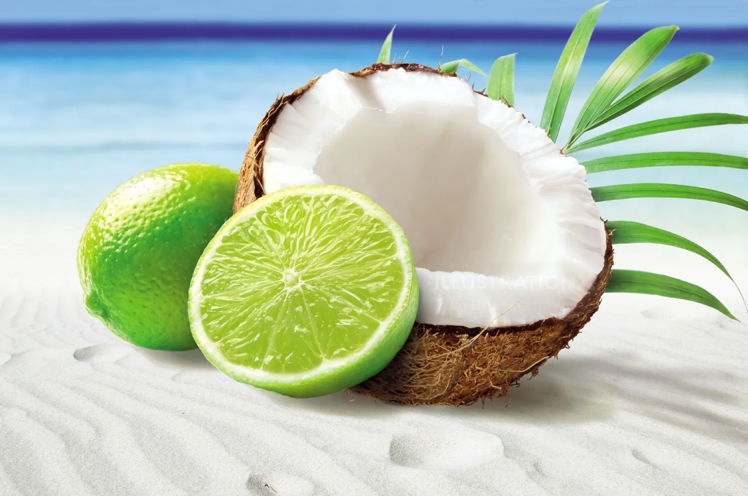 Coconut and lime on white sand beach by Tom Ungemach