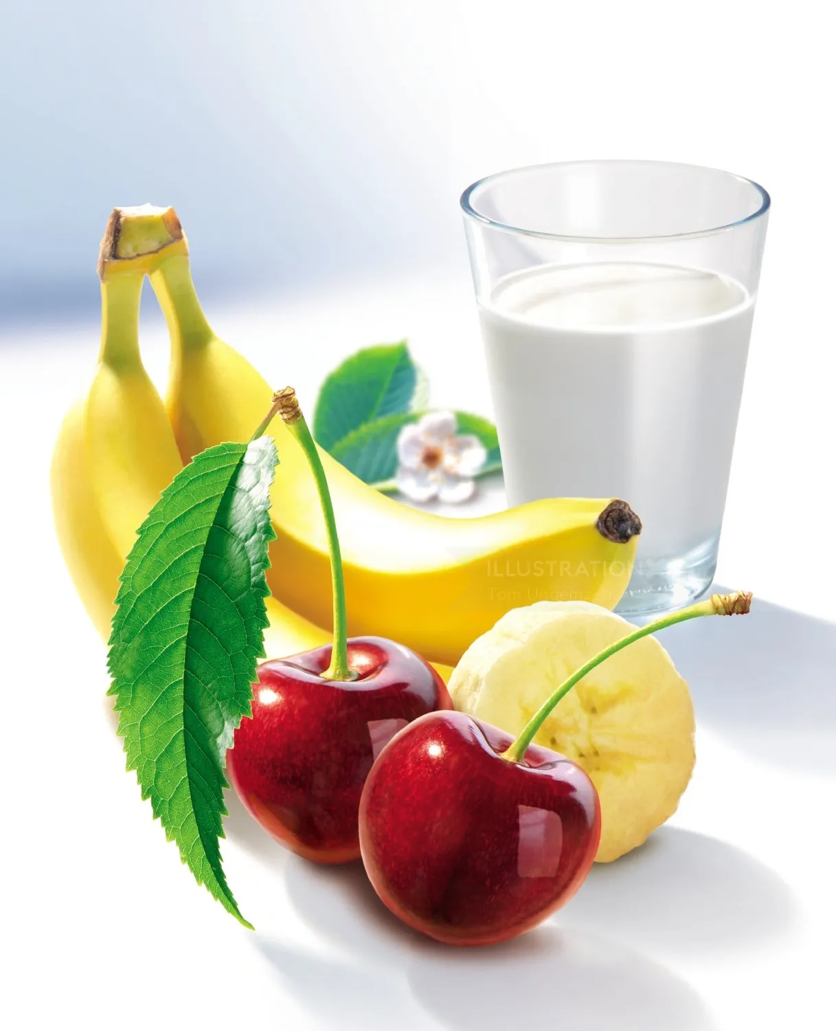 Bright cherries with leaves, bananas, and a glass of milk by Tom Ungemach