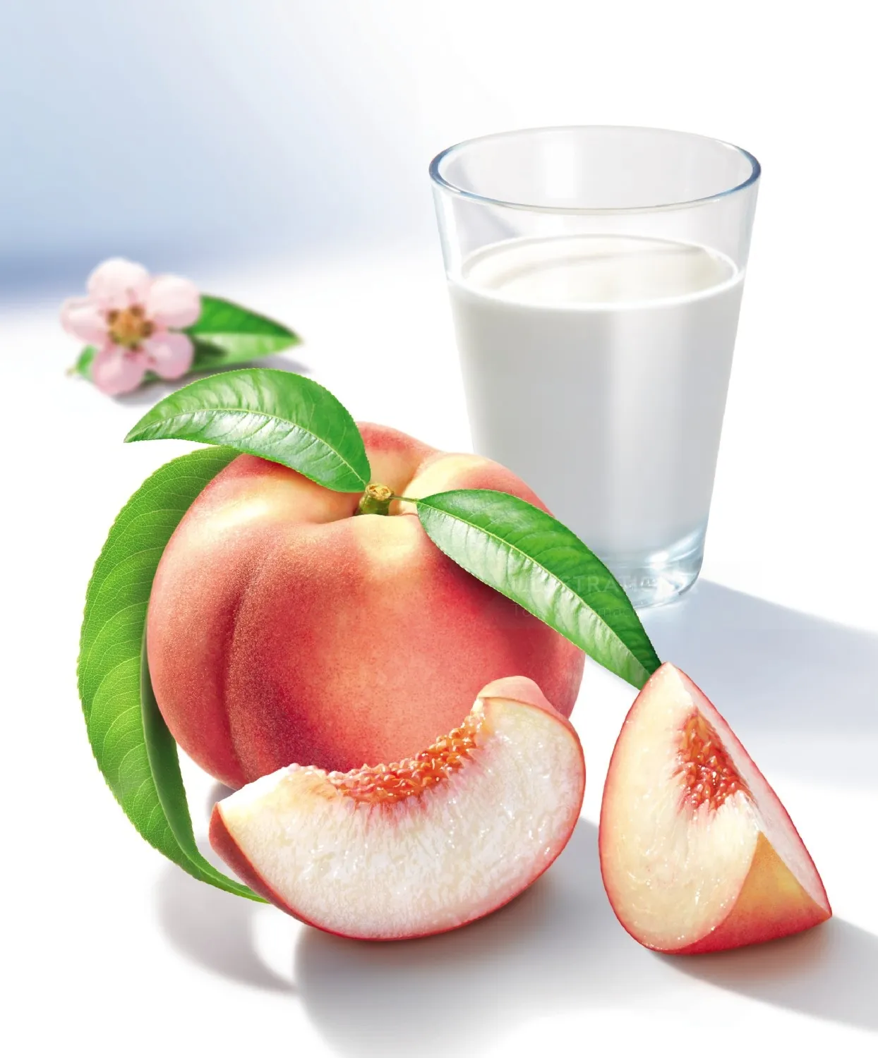 A fresh peach with leaves and a glass of milk by Tom Ungemach