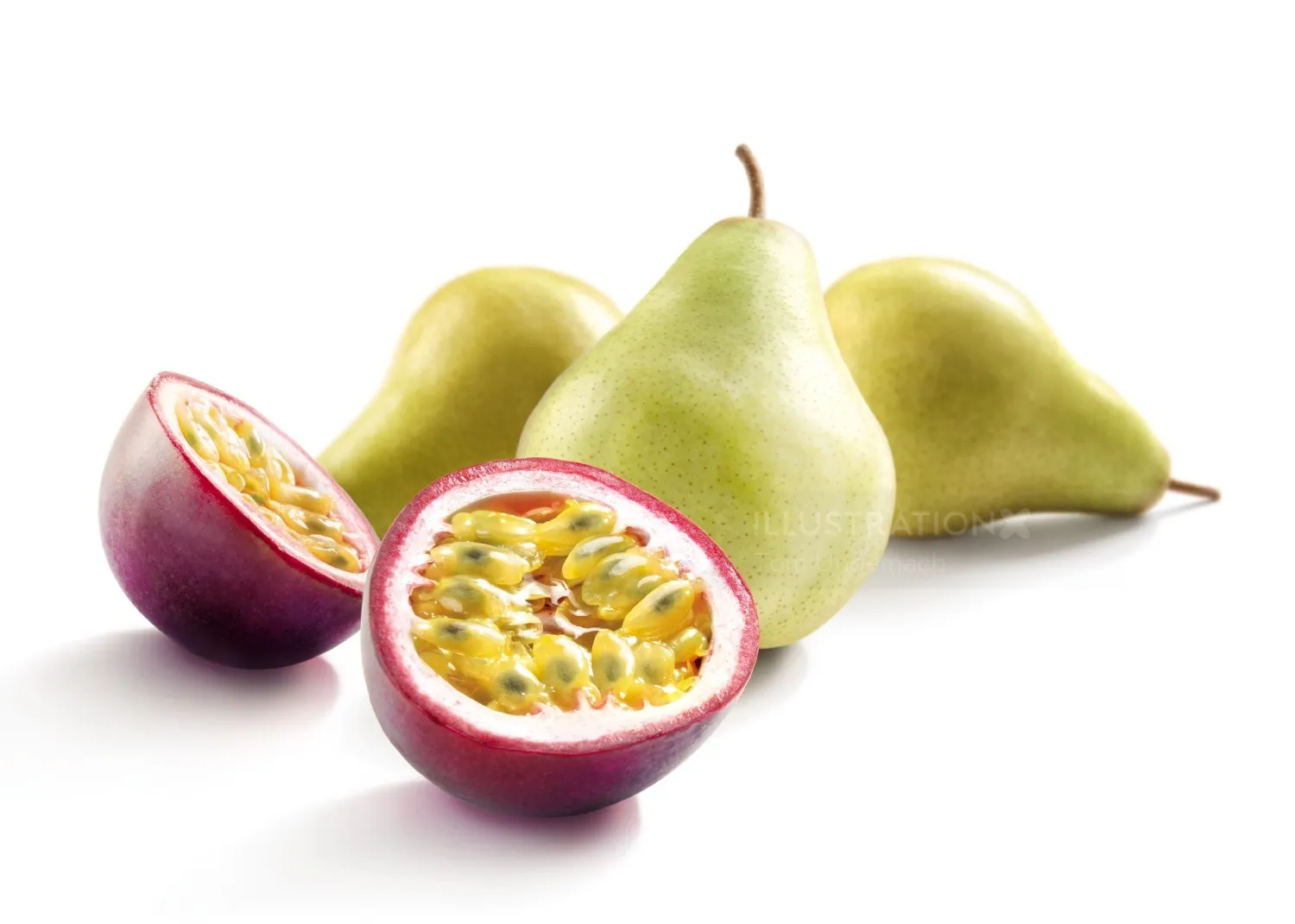 Still life with passion fruit and green pears by Tom Ungemach