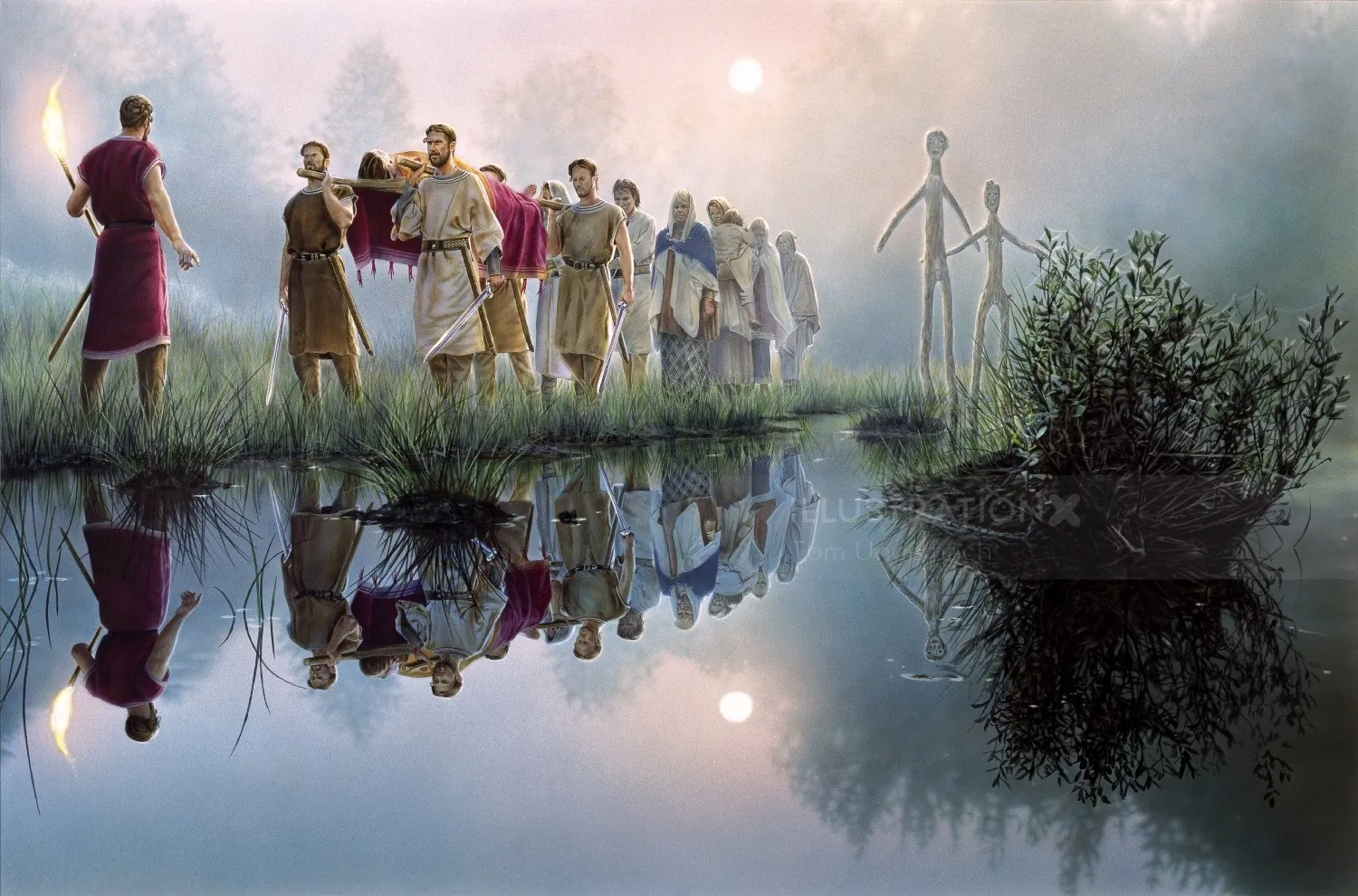 People crossing foggy water toward tall figures reflecting in water by Tom Ungemach